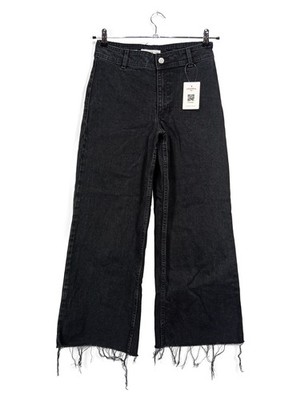 MANGO Wide Leg Cropped Cargohose Damen Schwarz Gr. 38 Fransen Baumwolle