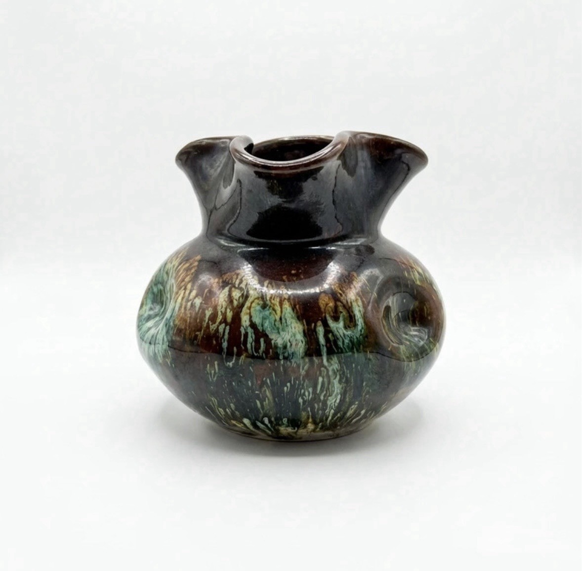 Unique Hand Crafted Vintage Art Pottery Vase - Ruffled Rim, Iridescent Glaze