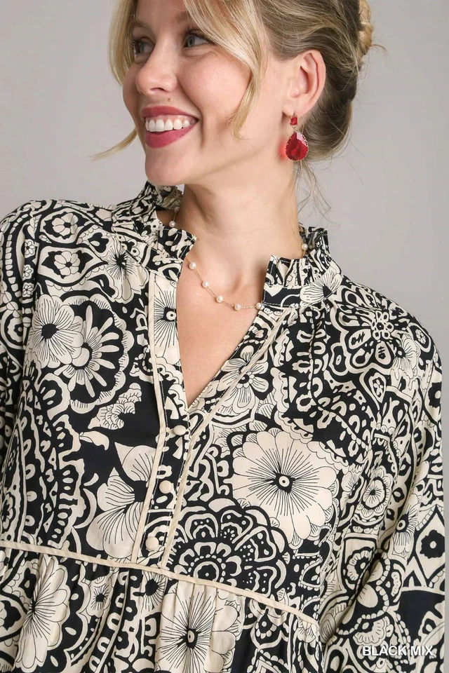 Vestido Umgee Negro Estampado Manga Larga con Cuello en V y Detalle de Tubería Foto 3 de 4