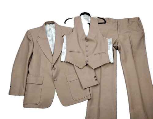Men's VTG 70s Brown 3 PC Leisure Suit 1970s Disco Polyester Union USA Made READ