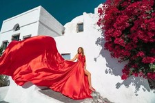 Flying Dress for Photoshoot – Long Train Satin Gown, Flowy Maxi Dress, Santorini