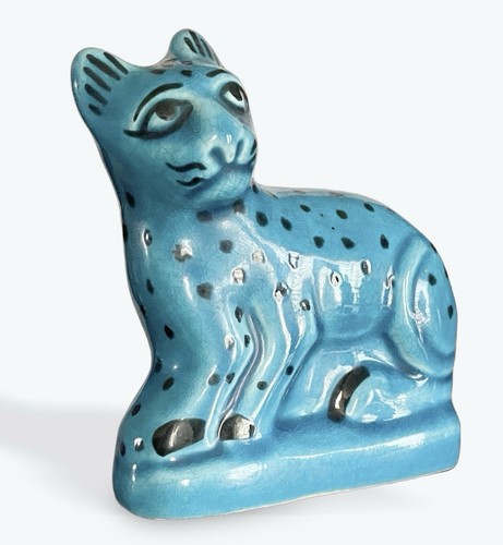1960s BRITISH MUSEUM POTTERY BMPL TURQUOISE BLUE EGYPTIAN CAT LEOPARD FIGURINE