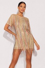 NWT Nasty Gal Tassel Beaded Mini Shift Dress Rainbow Fringe Sequin Party US 8