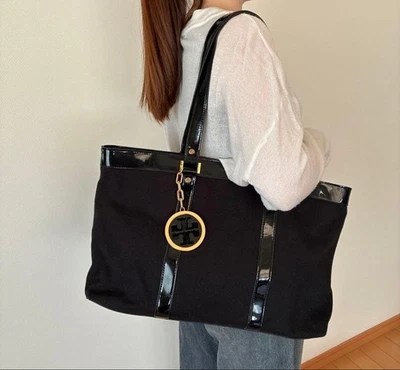 TORY BURCH Cabas Logo Toile Pour Femme Noir Avec Breloque Émail Authentique - Photo 1/4