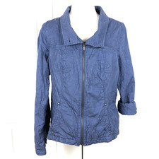 Coldwater Creek Jacket 10 Blue Zip Roll Tab Sleeve Lightweight Embroidery Casual