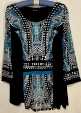 Style & Co Top L Black Teal Artsy Stretch Knit Boho Tunic Shirt Blouse Large