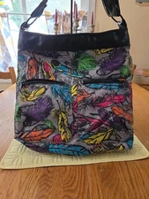 Yak Pak Gray W/Multi Colored Feather Patterned Purse.