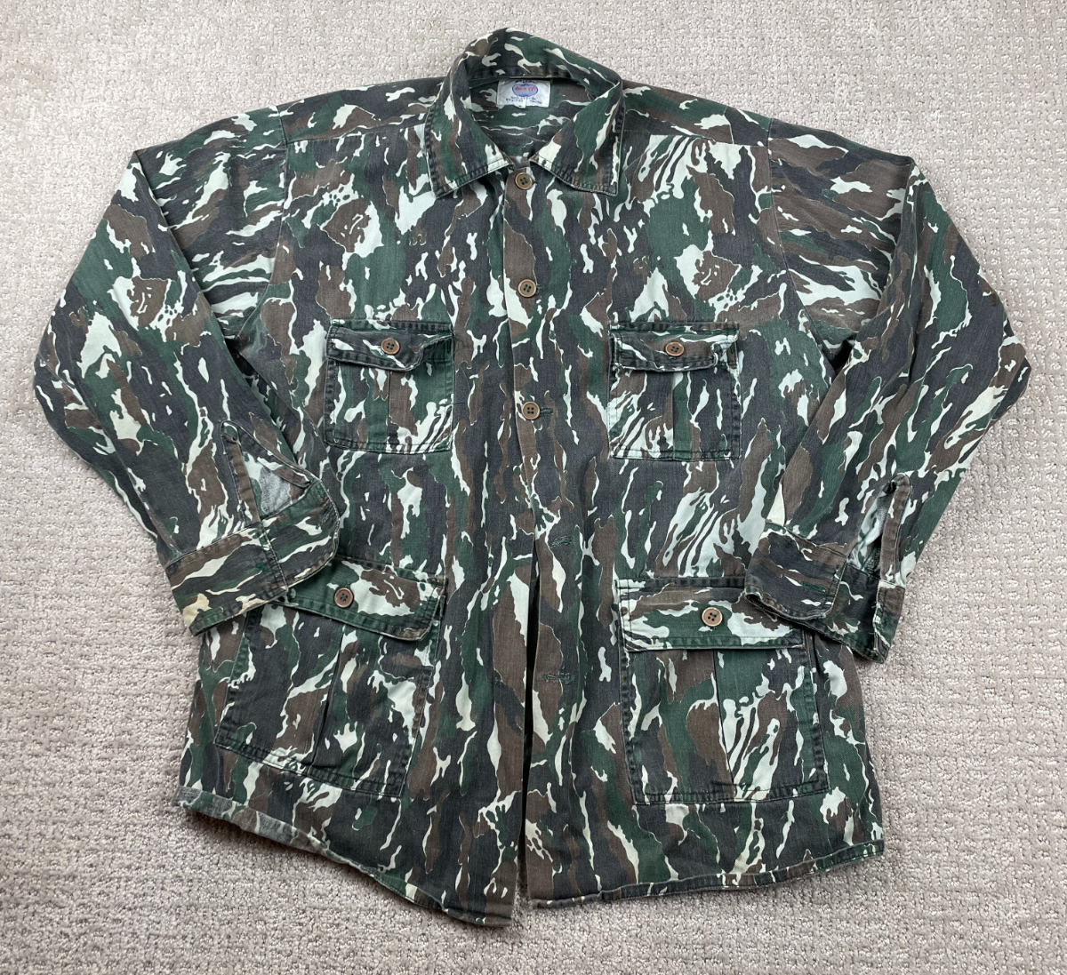 Vintage 80s Tiger Stripe Camo Shirt Mens M Button Up Field Chore 4 Pocket Hunt