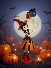 29  Bella Lux Halloween Witch Girl Figure Holding Cat Pumpkin Balloon Decor
