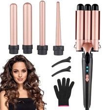 5-in-1 Curling Iron Set with 3 Barrel Hair Crimper 4 Curling Wand Glove Clips