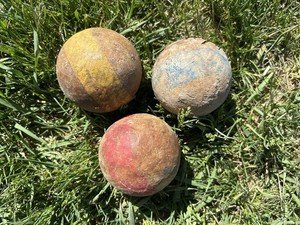 Set Of 3 Vintage Wooden Croquet Balls With Stripe, 3”
