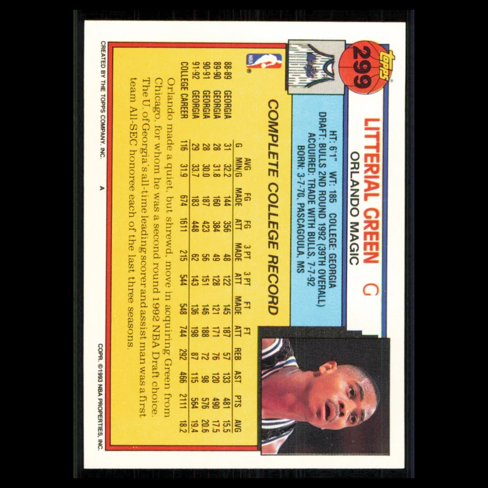 Litterial Green Rookie #299 1992 Topps Orlando Magic Basketball Card NBA NM - Image 2 of 3