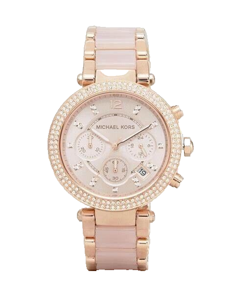 Michael Kors MK5896 Parker Ladies Rose Gold Stainless Steel Chrono Watch + Bag