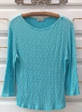 VTG CDW Creative Design Works SzL Semi-Sheer Textured Knit Top 3/4 Sleeve Aqua