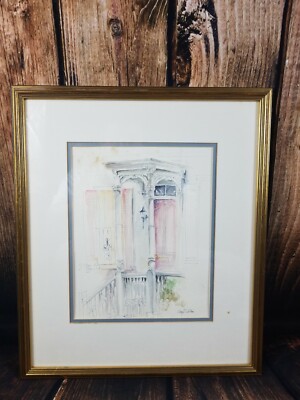 Architecture Porch Art Home Sketch Drawing Watercolor Signed Framed Matted vtg