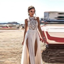 Backless Halter Neck Lace High Slit Beach A Line Bridal Bohe Gown Wedding Dress
