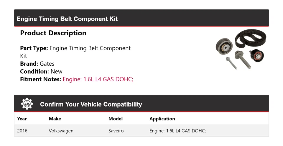 For 2016 Volkswagen Saveiro Engine Timing Belt Component Kit Gates - Image 2 of 3