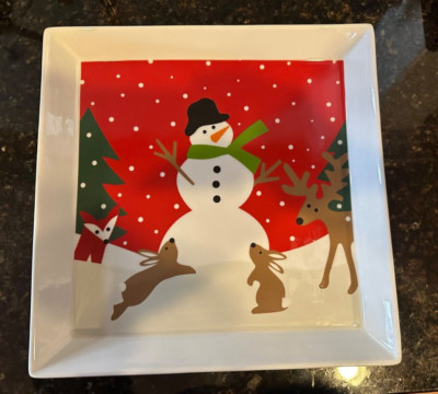 Crate & Barrel Joan Anderson 2015 Square 12'' Snowman Platter Snow Day bunny Fox