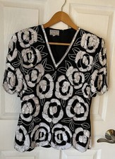 Stenay Vintage 80s Silk Sequin  Hand Beaded Formal Evening Shirt Top Size Small