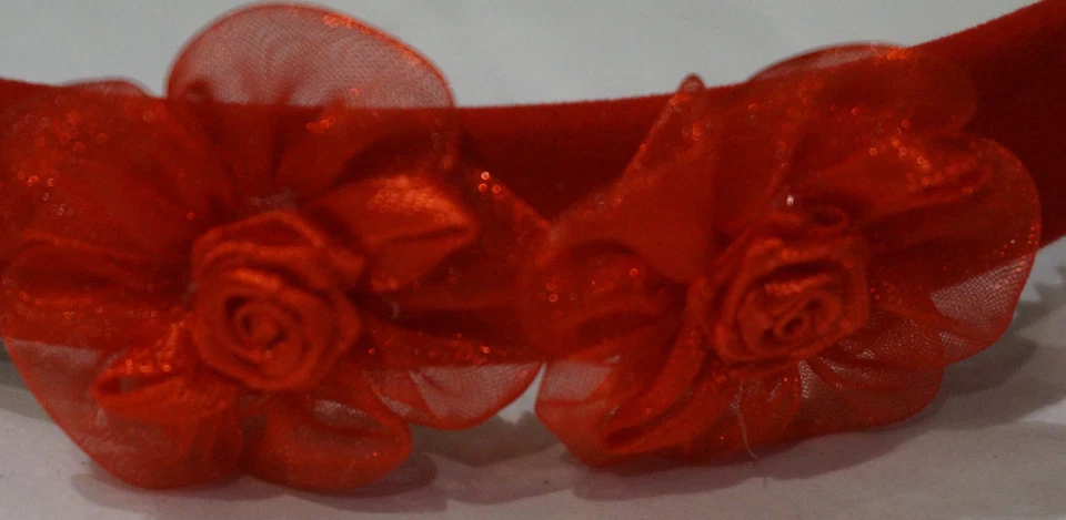 Holiday Hairband 3/4 inch Wide Red Velvet Chiffon Flower Bow Rosebud Center - Image 2 of 4