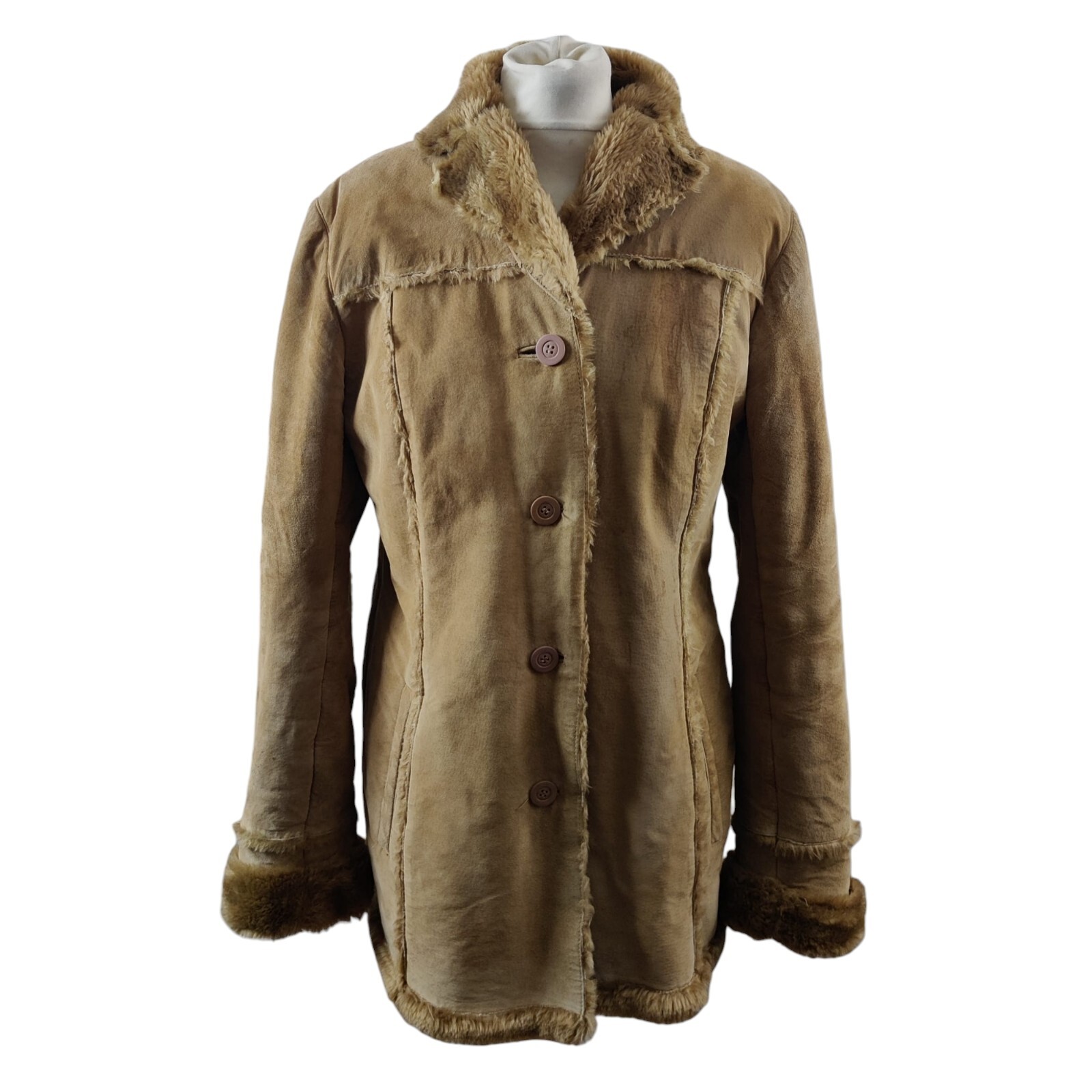 Zara Womens Sheepskin Jacket Brown Suede Leather Size L Faux Shearling Button Up