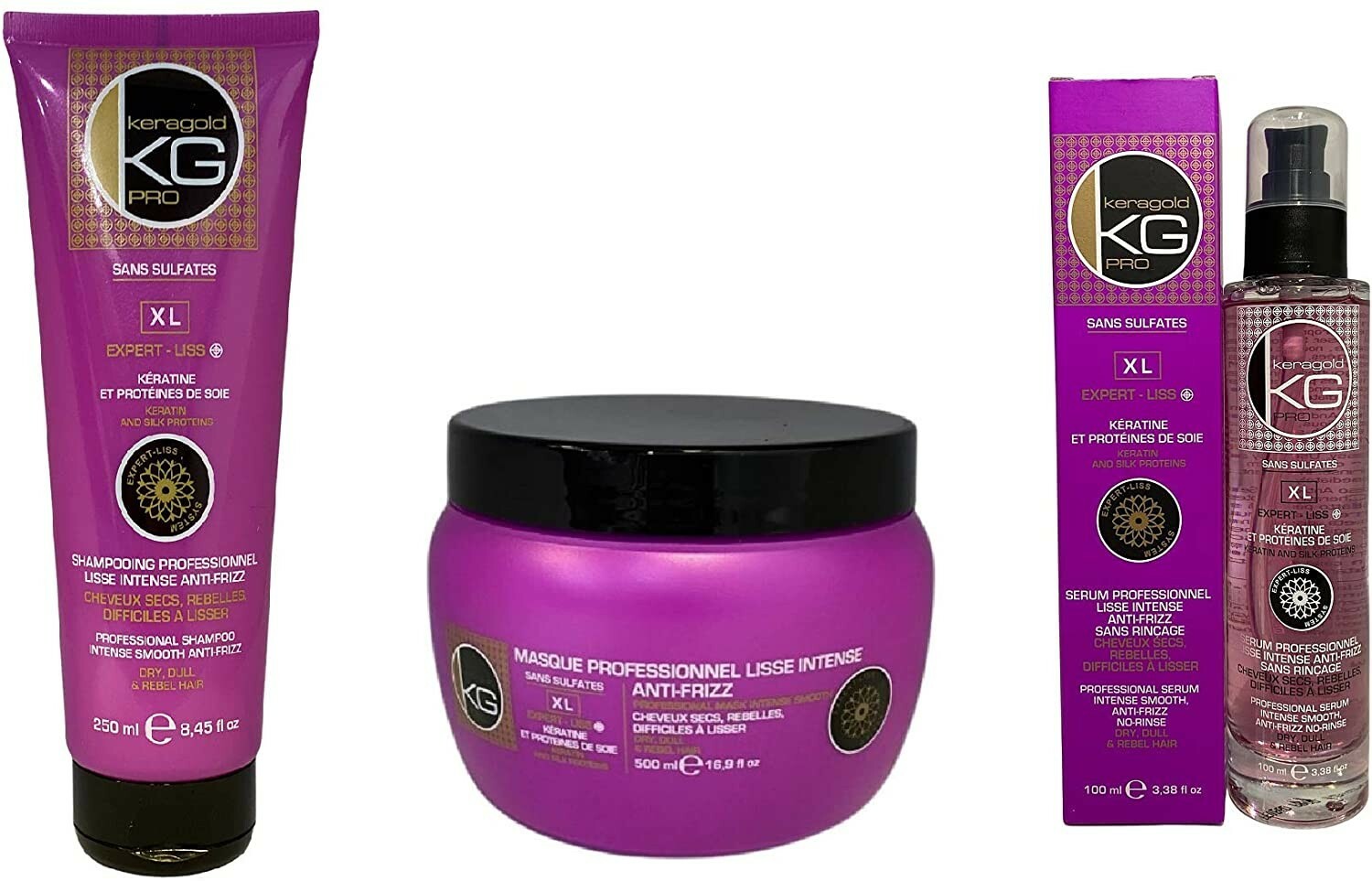 Keragold Pack Expert Liss XL Shampoing et soin anti frisottis kératine pour brillance miroir