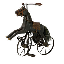 Antique Hand Carved 18" Tall Wooden Horse Tricycle Pedal Toy Decoration