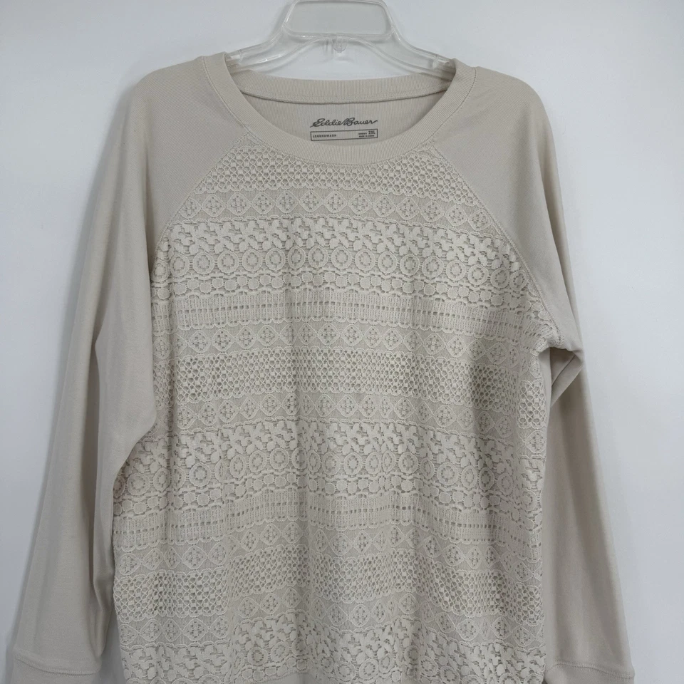 Sudadera para mujer Eddie Bauer talla 2X mezcla de algodón encaje frontal cuello redondo marfil Foto 4 de 4