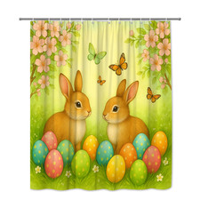 Cute Bunny Easter Shower Curtain with Colorful Eggs and Butterflies