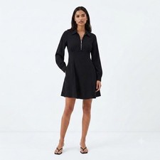 Sinsay Womens Black Long Sleeve Quarter Zip Babydoll Fit & Flare Mini Dress L