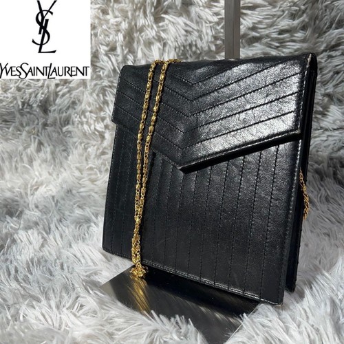YVES SAINT LAURENT Shoulder Bag Classic Elegant Black Leather Chain Strap Design