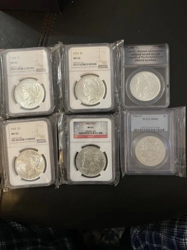 Lot of 6 Morgan & Peace Silver Dollars - All MS62 Graded NGC/PCGS/ANACS