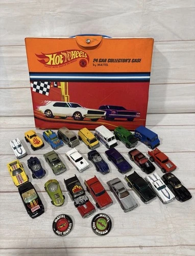 Vintage Lot of 24 Hot Wheels Cars & HW Collectors Case & 2 Buttons~1960s-1990s