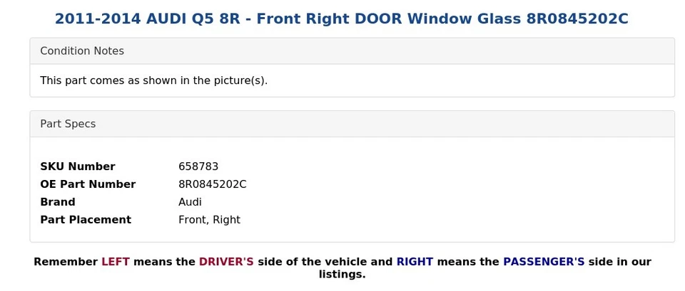 2011-2014 AUDI Q5 8R - Front Right DOOR Window Glass 8R0845202C - Image 3 of 4