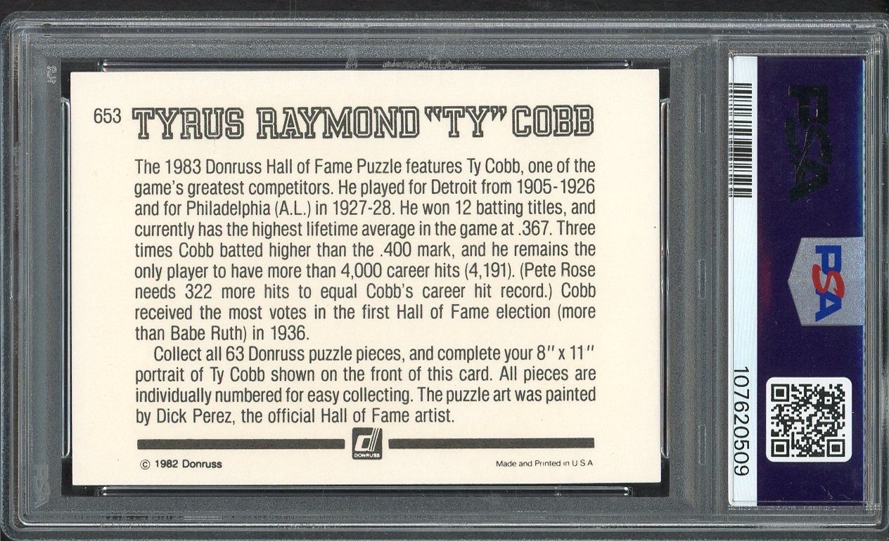 1983 DONRUSS #653 TY COBB TIGERS PSA 10 GEM MINT 562361 (KYCARDS) view 2
