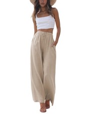 Women's Cotton Linen Summer Palazzo Pants Flowy Wide Leg Beach Trousers with ...