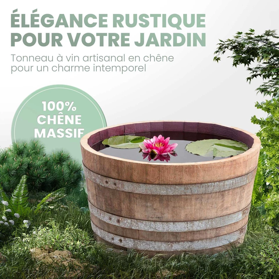 Demi-tonneau en bois de chêne, mini-étang,pot de fleurs, Mini bassin, Moitié - Photo 2/4