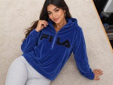 Authentic FILA Blue Velour Velvet Half Zip Hooded Sweater