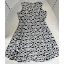 Frederick Ian Navy White Geometric Floral Keyhole Fit Flare Dress Made in France