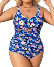 Daci Plus Size 18W One Piece Swimsuit Floral Twist Front Blue Ruched Swimwear