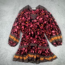 Alice + Olivia Floral Boho Mini Dress Pink Black Tassel Tie Long Sleeve Size 6