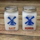 Vintage Hazel Atlas White Milk Glass Dutch Windmill Salt And Pepper Shaker Set