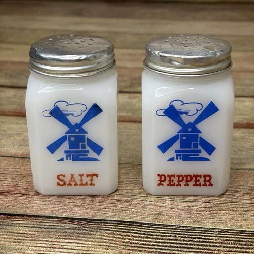 Vintage Hazel Atlas White Milk Glass Dutch Windmill Salt And Pepper Shaker Set