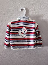 VINTAGE Doe Spun Chipmunk Red White Blue Stripe Knitted Baby Sweater 18 months