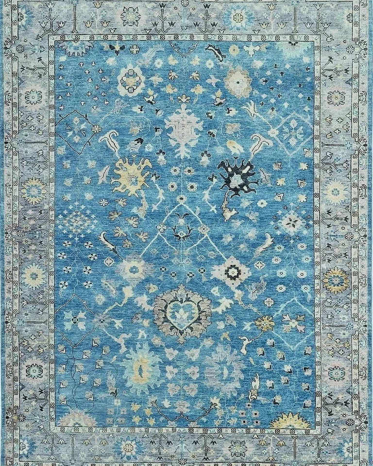 Blue Green Genuine Hand Knotted Oushak Geometric Area Rug Carpet Turkish 6x9 ft - Image 2 of 4