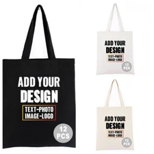 Custom 12 PCS Canvas Tote Bags Printed Reusable Shopping Grocery Bags for DIY