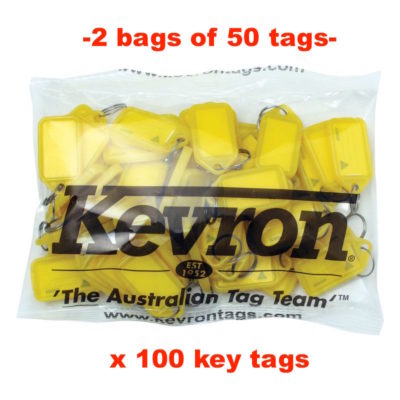 KEVRON KID-5 2 Bags Of 50 YELLOW Plastic Click Key Tags 100 -FREE POST-ID5