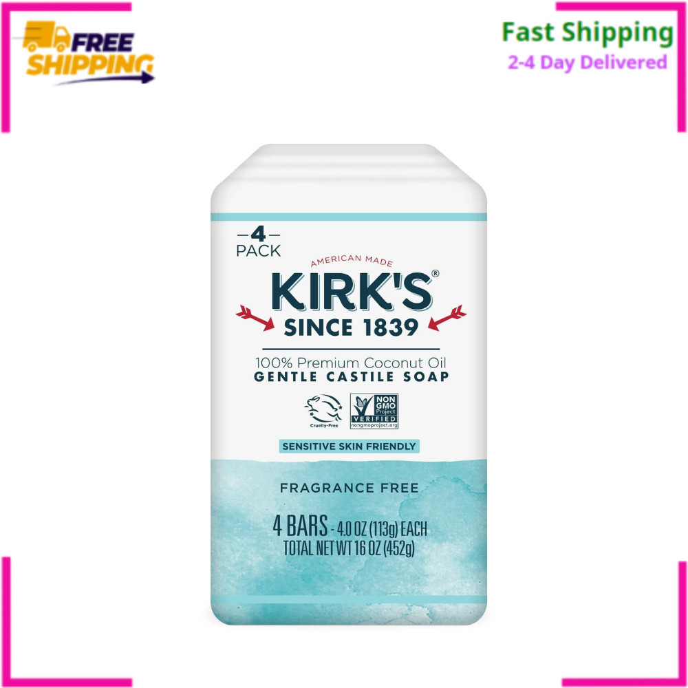 Kirk's 4 Bar Soap, Fragrance Free 100 Premium Coconut Oil for