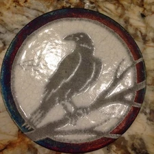 Raven Coaster Raku Pottery, handmade, handsigned - NEW