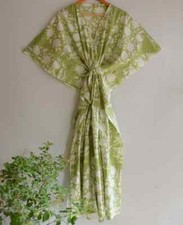 Indian 100 Cotton Long Kaftan Dress Green Color Kimono Sleepwear Caftan Maxi